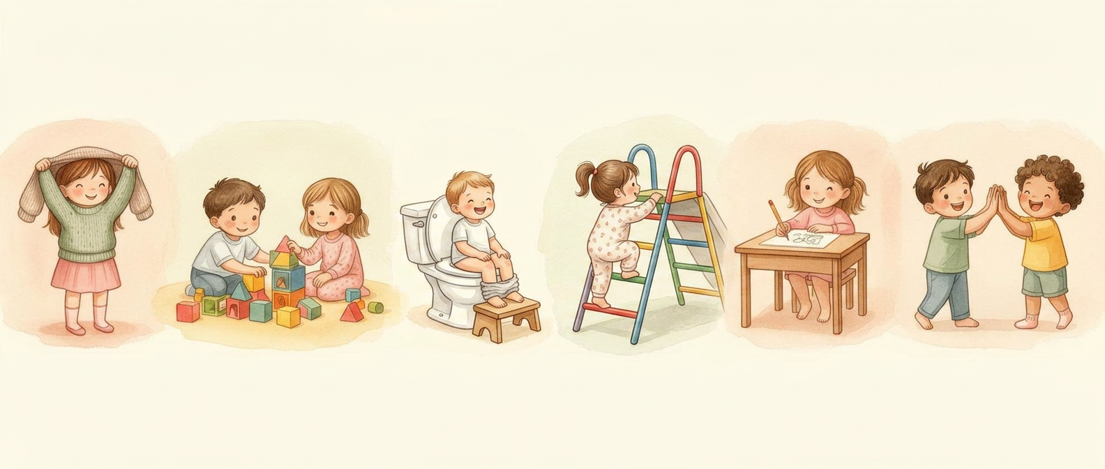 Children getting dressed, building blocks, reading, climbing a ladder, writing and high fiving